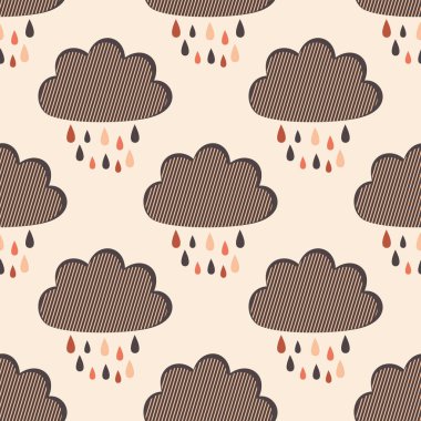 Çizgili bulutlar ve çok renkli yağmur damlaları. Moda kumaşları, dekoratif yastıklar, çarşaf ve ambalaj kağıtları için kusursuz modern desen..