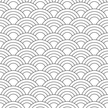 Modern kumaşlar, tekstil ve dekoratif yastıklar için beyaz arka planda ince siyah çizgili Art Deco deseni. Birçok daire terazi gibi istiflenmiş. Renklendirmeye uygun. 