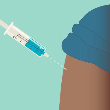 Aşılama. İğne ve doz şırıngası. Doktor, virüslere ve bakterilere bağışıklık kazanmak için kişinin eline bir iğne yapıyor. Mavi renkler. 