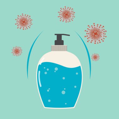 El yıkama şişesinde antibakteriyel jel, bakteri ve virüsler uçuşuyor. Dezenfeksiyon ve hijyen. Mavi renkler. 