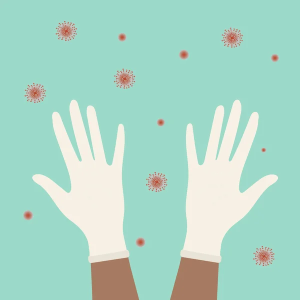 Человеческие Руки Белых Медицинских Защитных Перчатках Бактериях Вирусах Летающих Вокруг — стоковое фото