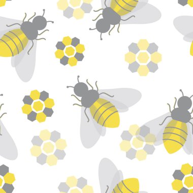 Arılar ve bal petekleri. Modern kumaşlar, moda tekstil ürünleri, dekoratif yastıklar, ambalaj kağıtları için sevimli böcekleri olan kusursuz desenler. Sarı ve gri trend renkleri 2021. Beyaz arkaplan. 