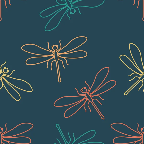 Meerkleurige Libellen Een Donkerblauwe Achtergrond Naadloos Modern Insectenpatroon Voor Trendy — Stockfoto