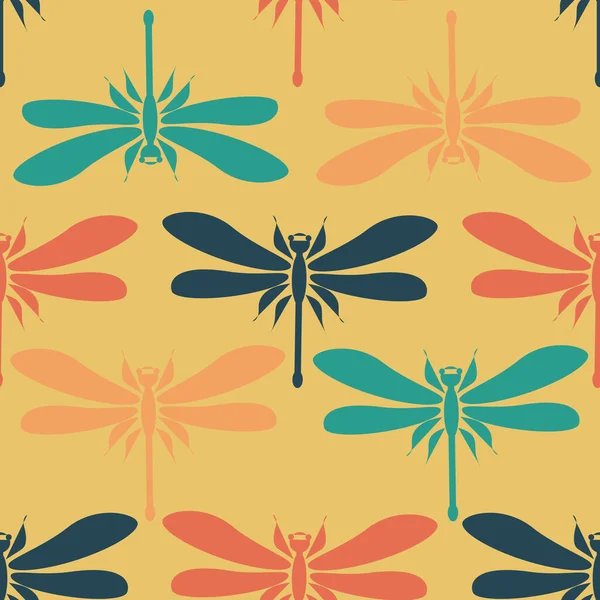黄色の背景に異なる色のトンボ 流行の生地 スロー枕のためのシームレスな近代的な昆虫パターン — ストック写真