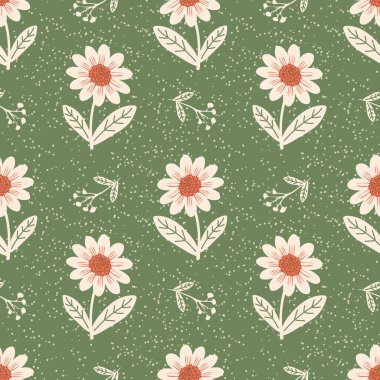 Vahşi papatya çiçekleri. Yeşil arka planda büyük çiçekler olan kusursuz bir yaz şablonu. Kumaş, tekstil, kağıt, dekoratif yastık ve iç dizayn üzerine baskı yapmak için. Vektör grafikleri.