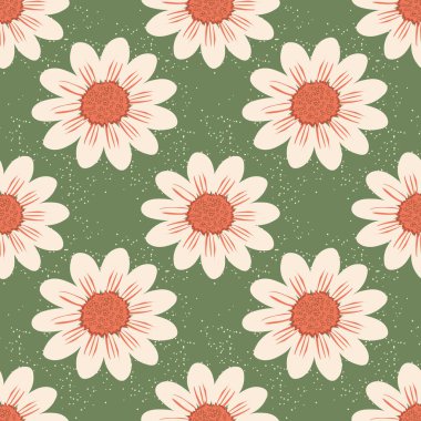 Vahşi papatya çiçekleri. Yeşil arka planda büyük çiçekler olan kusursuz bir yaz şablonu. Kumaş, tekstil, kağıt, dekoratif yastık ve iç dizayn üzerine baskı yapmak için. Vektör grafikleri.