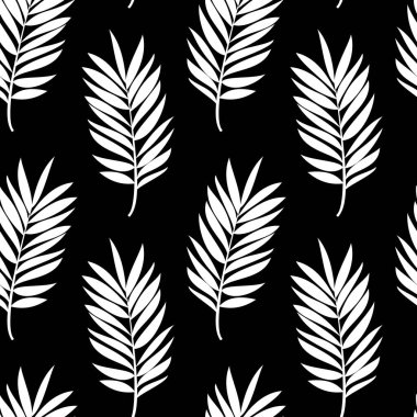 Siyah arka planda beyaz, egzotik bir palmiye dalı. Tekstil ürünleri, modaya uygun kumaşlar, yatak örtüleri, dekoratif yastıklar, duvar kağıtları, iç tasarım için kusursuz modern desen. Vektör