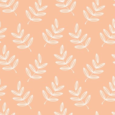 Yapraklar pembe arka planda beyaz bir dış hatla çizilmiş. Yapraklar ve dallar modaya uygun kumaşlar, dekoratif yastıklar, çarşaf, iç tasarım için pürüzsüz desenler. Vektör.