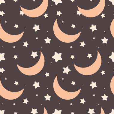Ay ve yıldızlar koyu gri arka planda pembe renkteler. Modern modaya uygun kumaşlar, dekoratif yastıklar, tekstil ürünleri, ambalaj kağıtları için kusursuz desen. Vektör.