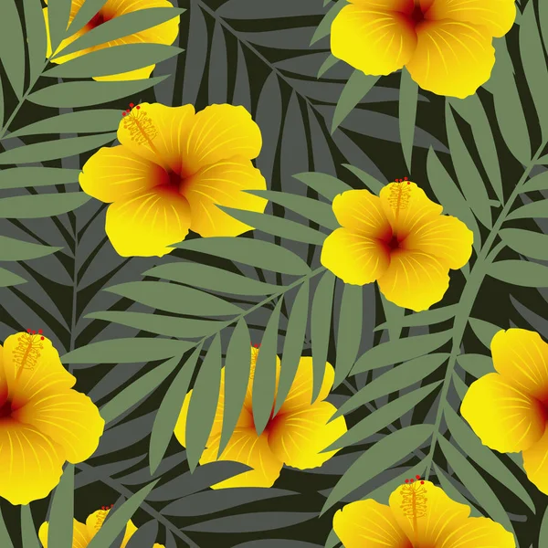 Fleurs Hibiscus Jaunes Feuilles Palmier Tropical Motif Sans Couture Avec — Image vectorielle