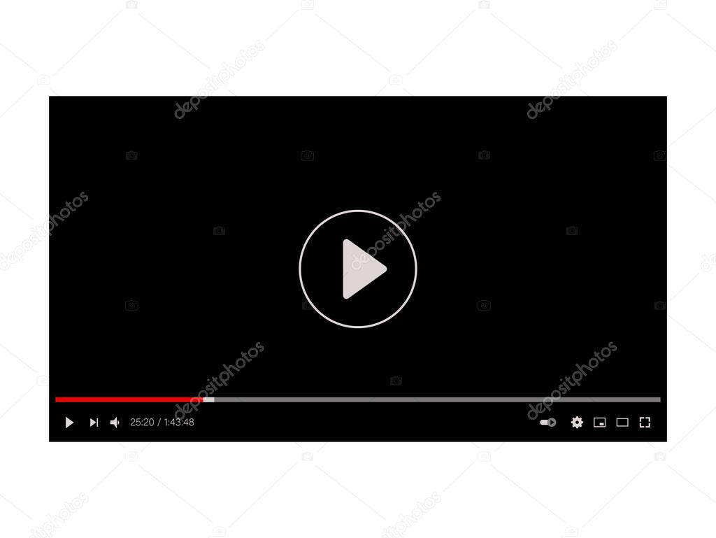 Video player. The screen is black with elements of volume settings, window size, playback speed, picture quality. Vector graphics.