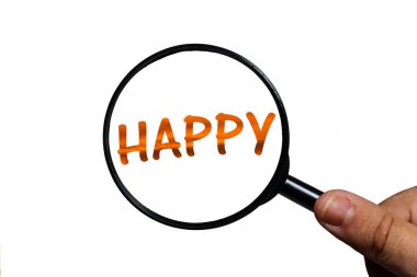 Beyaz arka planda mutlu ve büyüteç kullanılıyor..