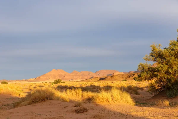 Zonsondergang Sahara Woestijn Bergen Stralen Van Ondergaande Zon — Stockfoto