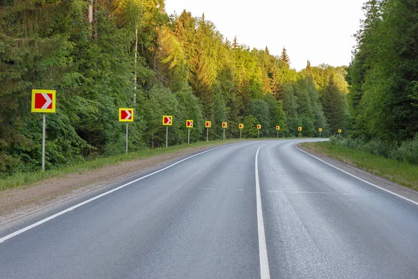 Road Signs Warning Dangerous Road Curve Dangerous Turn Forest — Stock Photo, Image