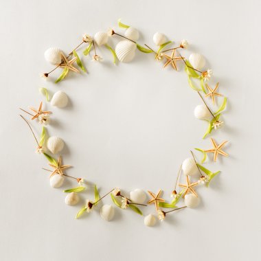 Çember çerçeve arka plan yaz elemanları - deniz kabuğu, starfishes, çiçek