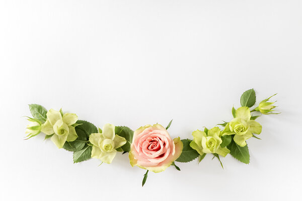 Frame  with  roses, green flowers and leaves on white background.
