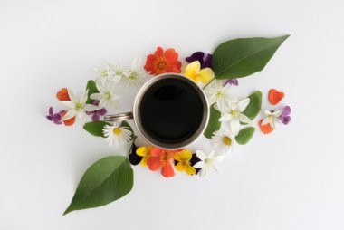 Havai görünümü fincan sade kahve ve beyaz arka plan üzerinde renkli çiçekler. Düz yatıyordu