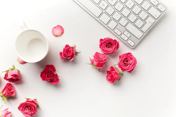 Tangentbord med rosa rosor på vit bakgrund. Lägenheten låg. Ovanifrån — Stockfoto