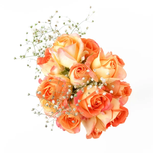 Bellissimo bouquet di rose arancioni su sfondo bianco. Vista dall'alto . — Foto Stock