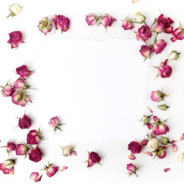 Kurutulmuş pembe gülile Çerçeve. Üst te. Düz yatıyordu.