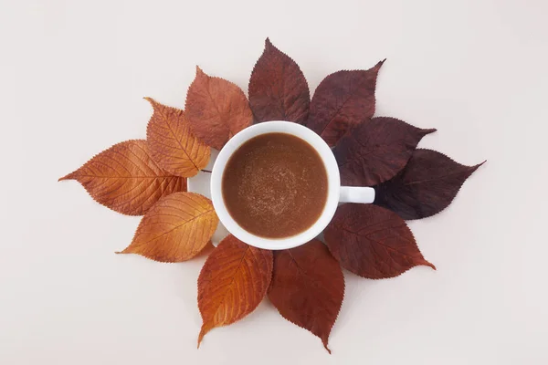 Xícara de café com folhas de outono. Decoração de outono, clima de queda — Fotografia de Stock