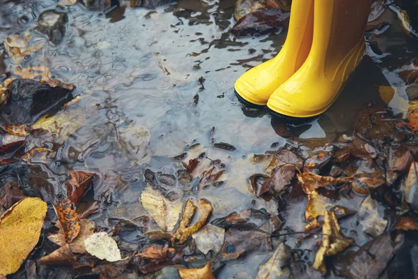Ноги ребенка в жёлтых резиновых сапогах, прыгающие в лужу осенним днем. — стоковое фото