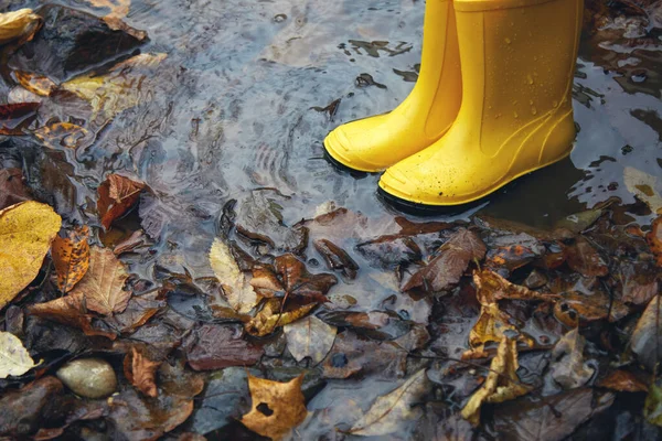 Pies de niño en botas de goma amarillas saltando en charco en el día de otoño. — Foto de Stock