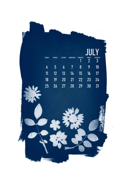 2021 calendar created with cyanotype process with floral leaves. Jule month. — Stock Photo, Image