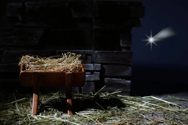 Birth of Jesus. Christmas nativity scene. Manager and star. — 스톡 사진