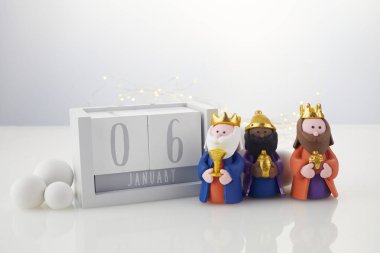 Happy Epiphany day, three kings day. Calendar with three kings on white background clipart