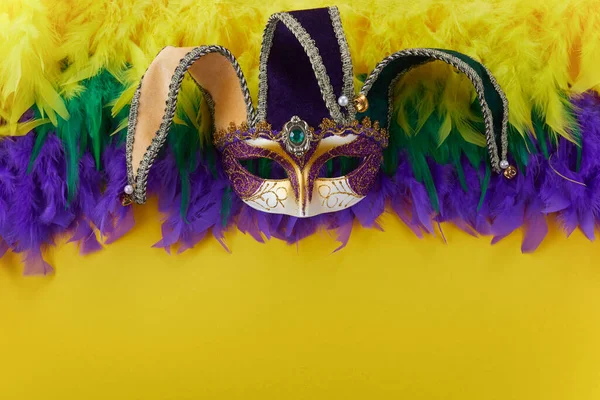 Yüz maskeli ve Mardi Gras renk tüylü Mardi Gras karnavalı konsepti. — Stok fotoğraf