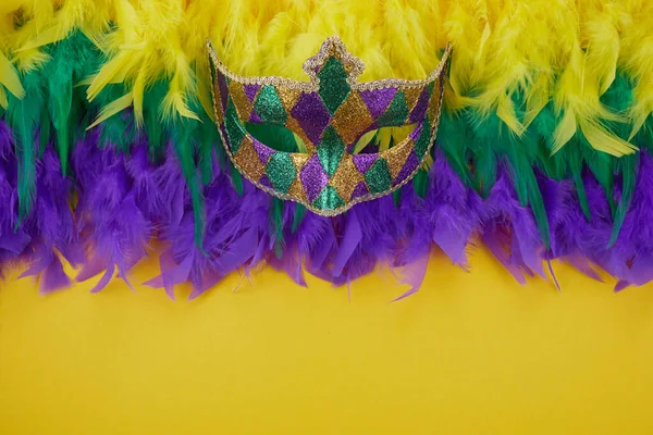Mardi Gras καρναβάλι έννοια με μάσκα προσώπου και Mardi Gras χρώματα φτερά. — Φωτογραφία Αρχείου