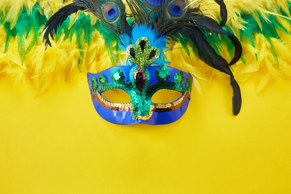 Brasil Mardi gras carnaval achtergrond met multicolor veren en masker — Stockfoto