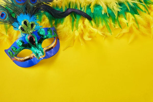 Brasil Mardi gras karneval pozadí s mnohobarevným peřím a maskou — Stock fotografie