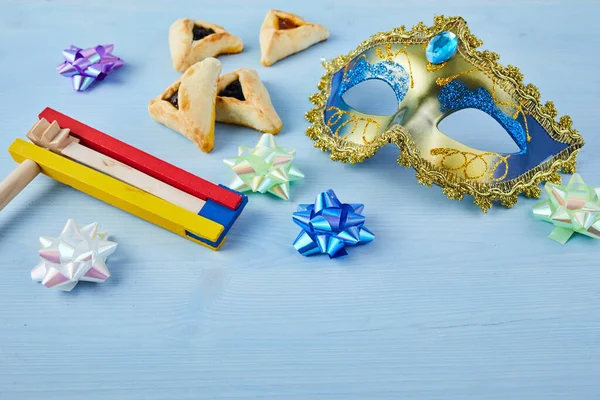 Concepto de celebración Purim. Fondo del carnaval judío. Vista superior. Puesta plana — Foto de Stock