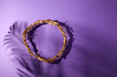 Perhiz sezonu, kutsal hafta ve iyi cuma konsepti. Mor arkaplanda dikenli taç