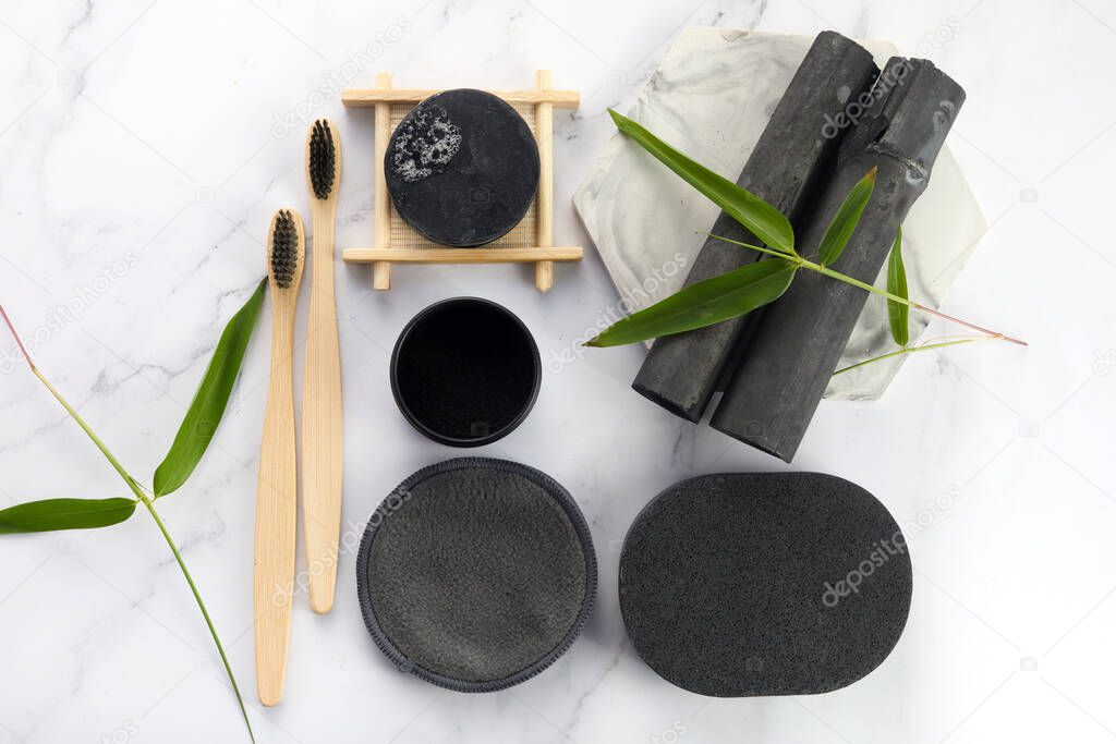 Set of actovated bamboo charcoal product for healthcare, home spa, teeth. Zero waste.