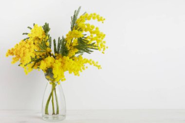 Vazo arka planında sarı mimoza çiçekleri. Kadınlar ya da anneler günü kavramı