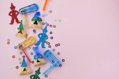 Purim kutlaması konsepti. Yahudi karnaval geçmişi. Üst Manzara. Düz yatıyordu.