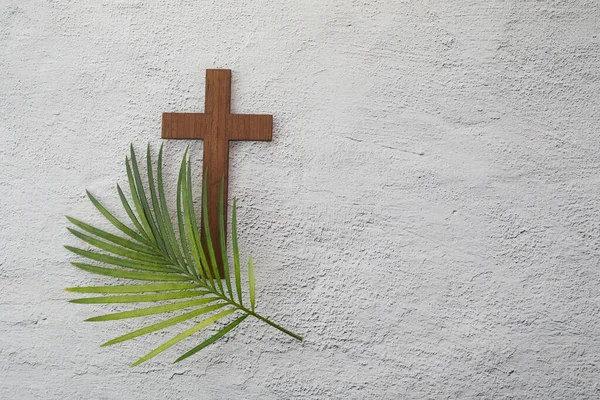 Domenica delle Palme sfondo. Croce e palmo su sfondo grigio. — Foto Stock