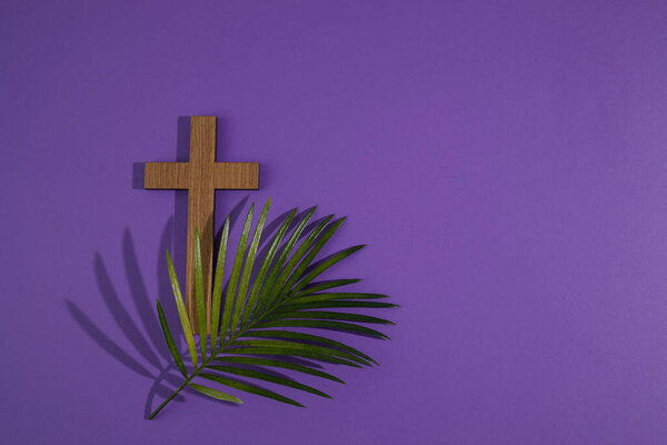 Palm sunday background. Cross and palm on purple background.