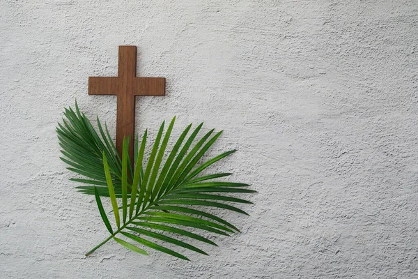 Palm Sunday arka planı. Gri arkaplanda çapraz ve avuç içi.