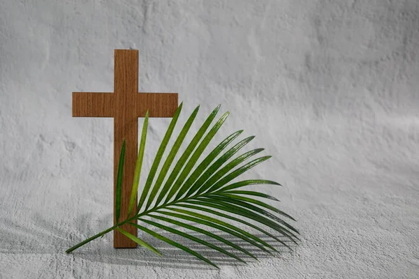 Palmzondag achtergrond. Kruis en palm op grijze achtergrond. — Stockfoto