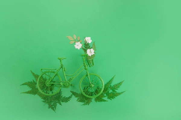 World bicycle day concept. Green bicykle on green background. 3 june.