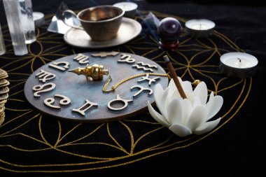 Fortune Telling Table with tarot cards and esoteric objects clipart