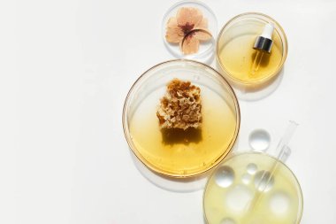 Soyut kozmetik laboratuvarı. Kimyasal laboratuvar araştırması. Ballı doğa kozmetikleri.