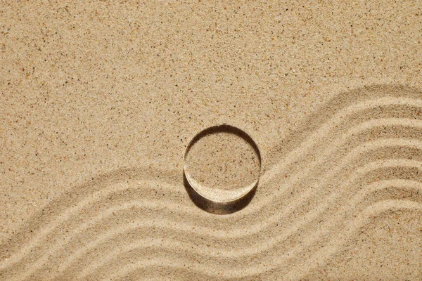 Minimal mockup background for product presentation. Glass podium on sand beach. Top view — 스톡 사진