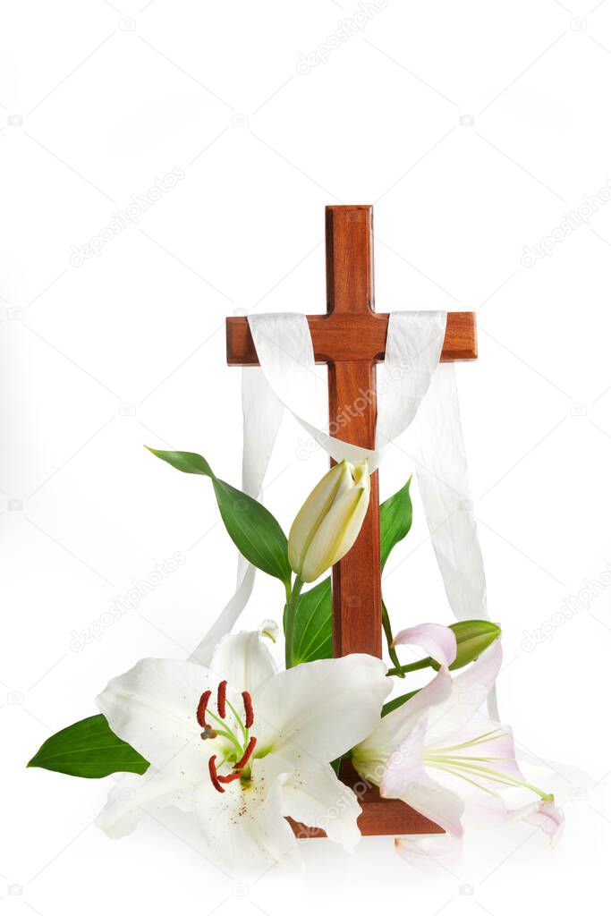 Cross with lilies isolated on white background. Spring background. Easter, baptism or first communion concept