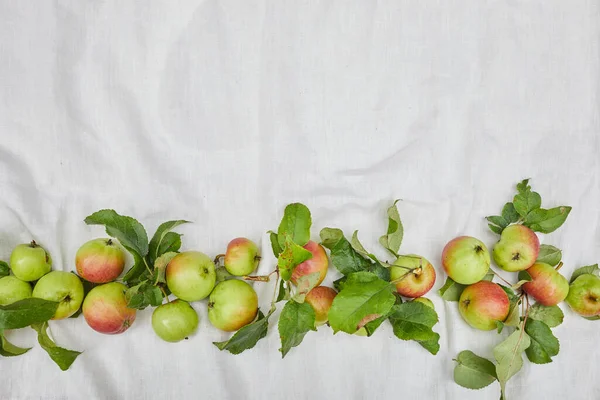 Podzimní pozadí malého jablka a listí na pozadí z biege plátna. Prázdné místo pro text. Horní pohled. — Stock fotografie