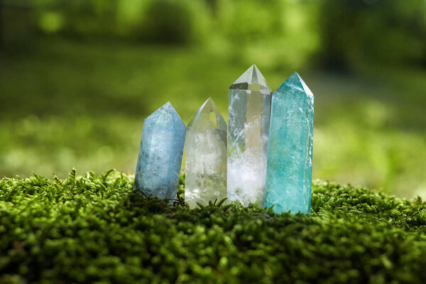 Gemstones minerals on mysterious nature background. Magic Rock for Crystal Ritual, healing spiritual practice.